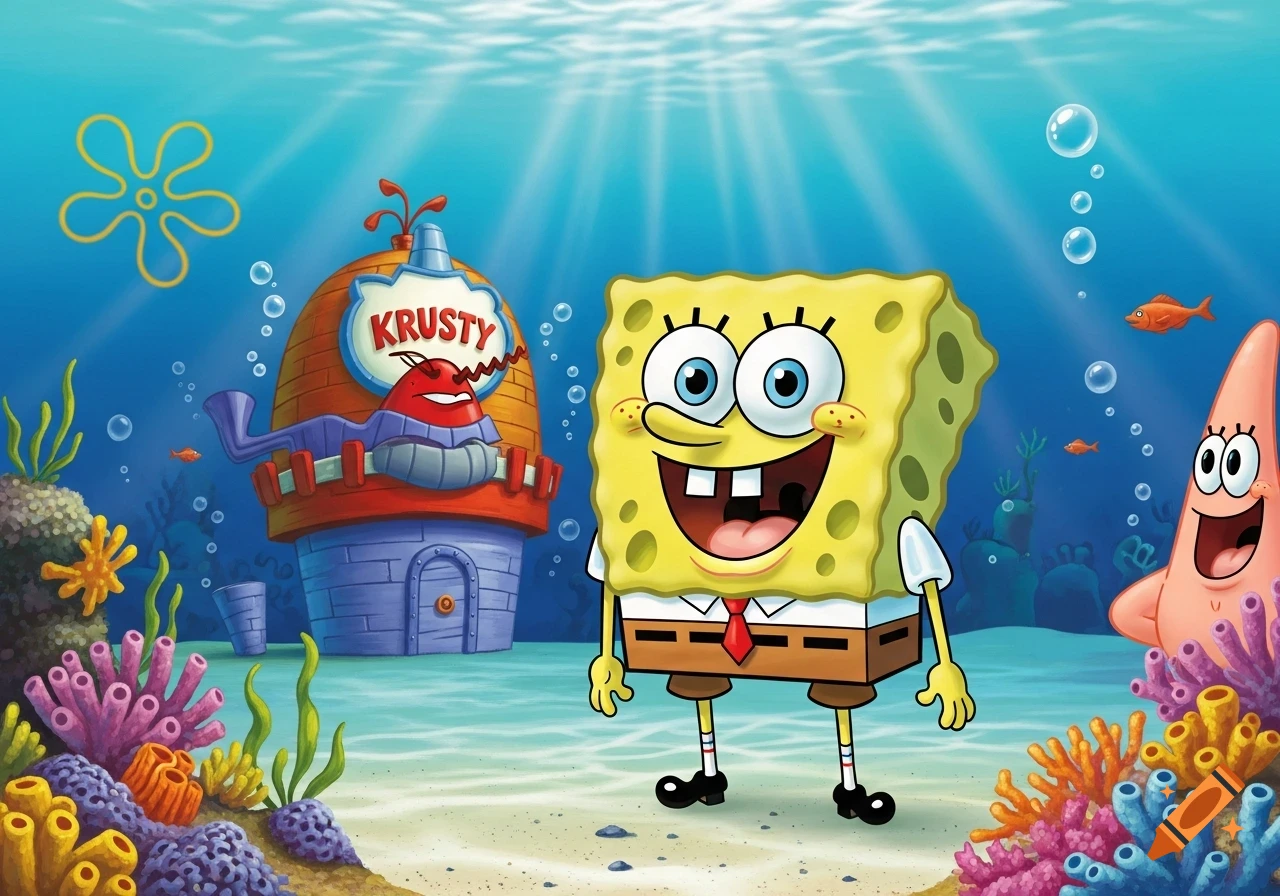 Spongebob, Patrick, and the Krusty Krab underwater with coral and sunlight, in a vibrant cartoon style.