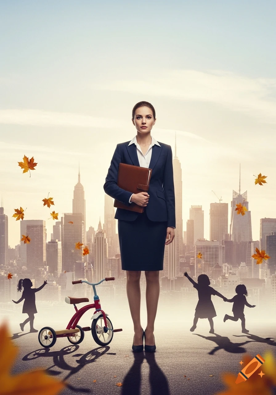 Photorealistic businesswoman in a suit holding a folder, with child silhouettes, a tricycle, and autumn leaves against a city skyline.