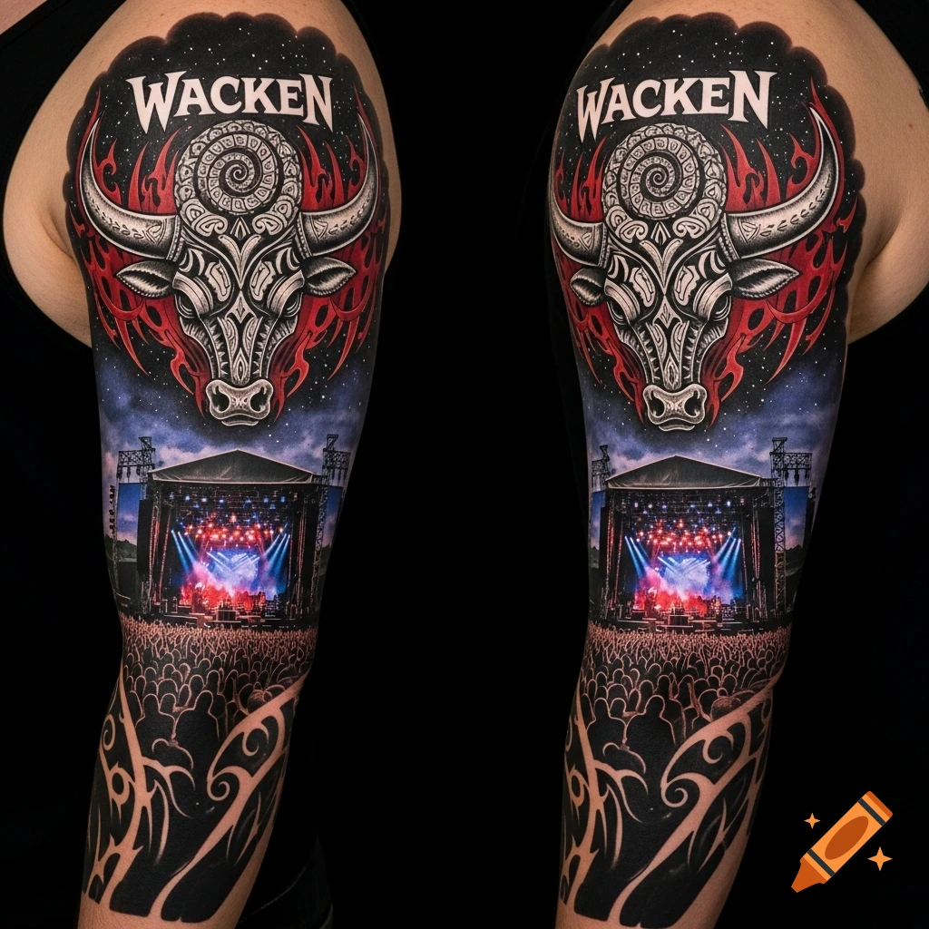 A colorful sleeve tattoo featuring a Wacken bullhead logo above a concert stage with lights and a crowd, on a starry background.