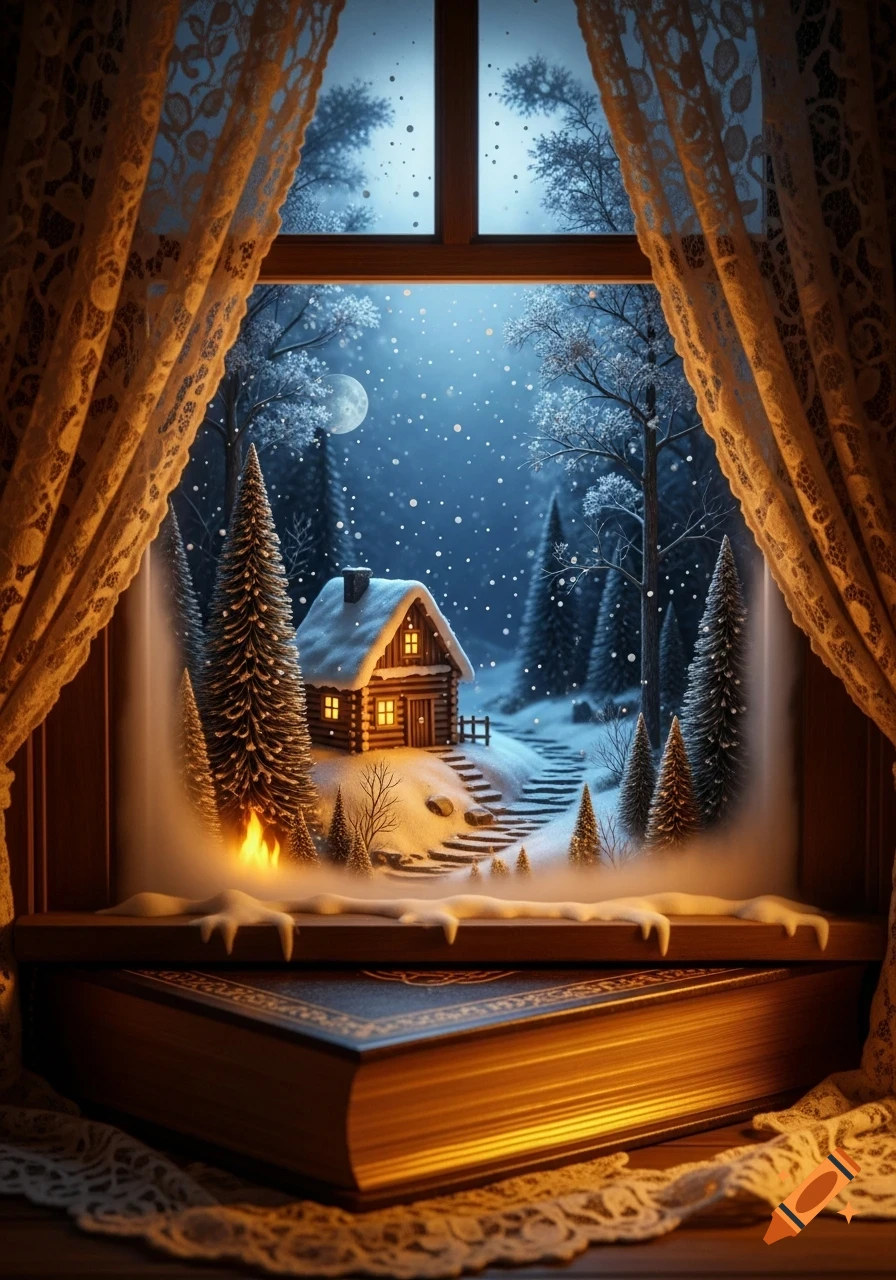 A miniature winter diorama with a snow-covered log cabin and pine trees, viewed through a frosted window from a cozy interior with a book.