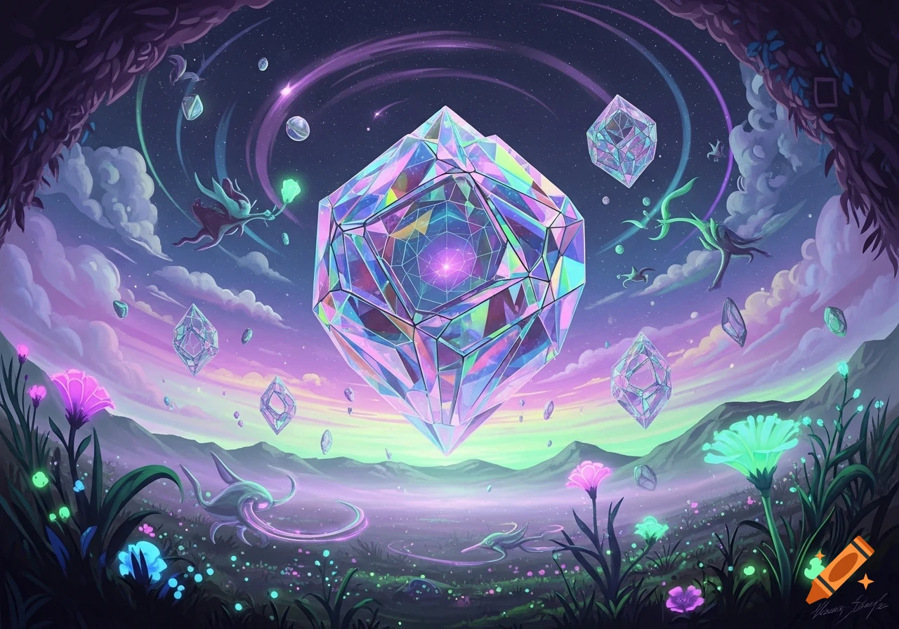 A vibrant fantasy landscape with a giant iridescent crystal floating in the center, surrounded by smaller crystals, glowing plants, and a pastel sky.