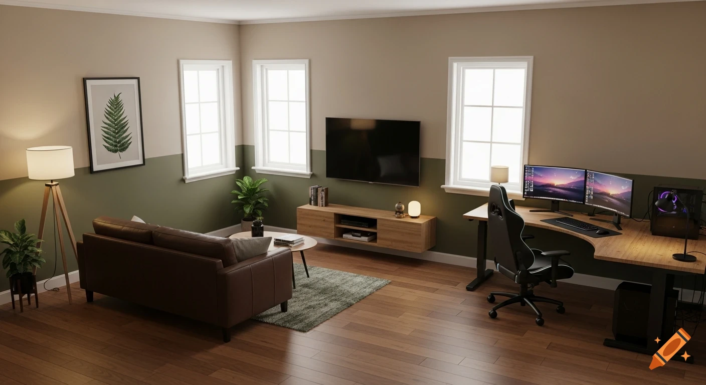Modern office and gaming room with an L-shaped desk, dual monitors, a brown leather couch, and plants.