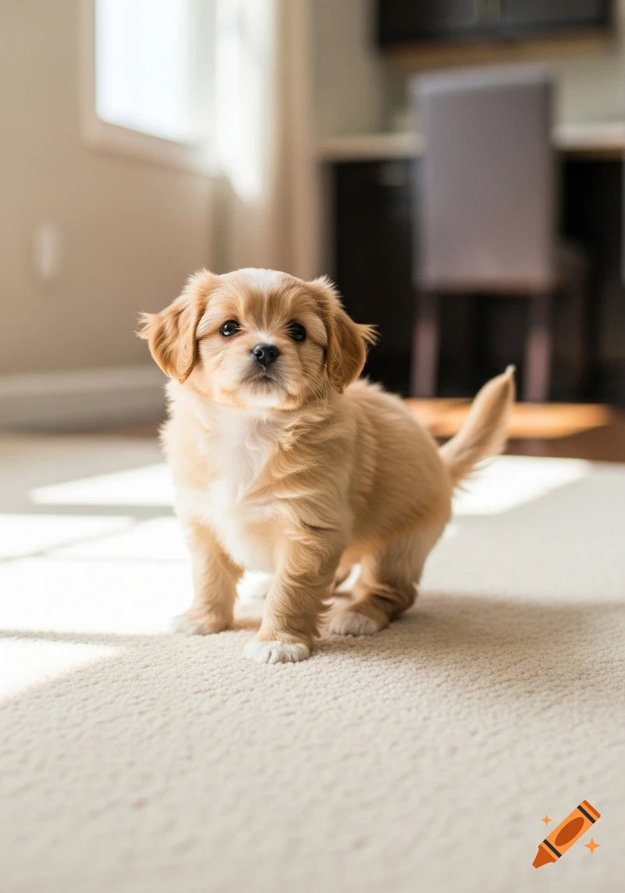 A fluffy light brown and white puppy stands on a cream-colored carpet in a sunlit room, looking forward.