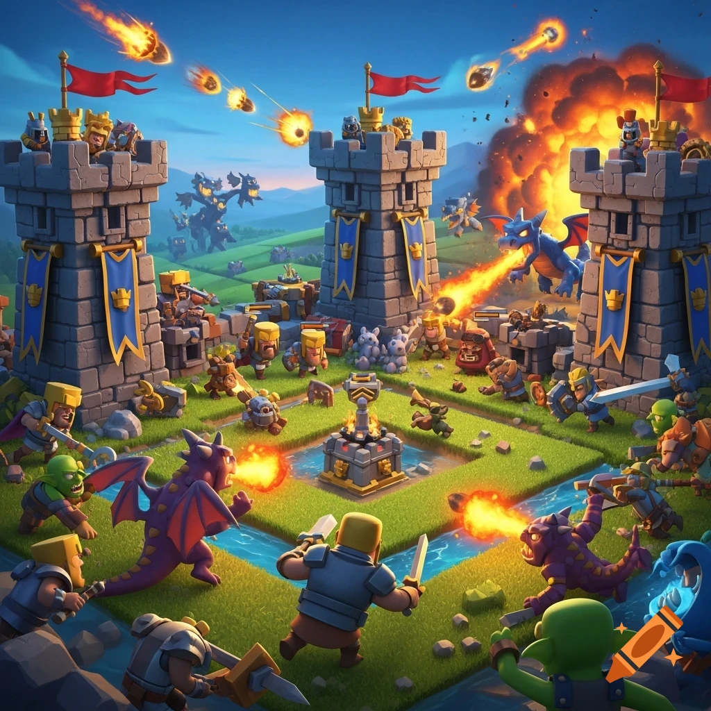 A vibrant cartoon battle scene with fantasy characters, dragons, and two castles on a green tiled battlefield, with fire and explosions.