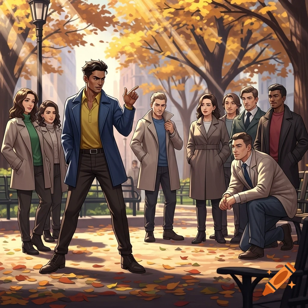 An illustrated scene of a man gesturing to a group of people in an autumn park with golden trees and fallen leaves.