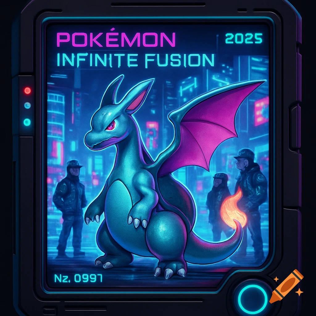 A vibrant teal dragon-like Pokémon with pink wings stands in a futuristic city, displayed on a neon Pokédex interface.