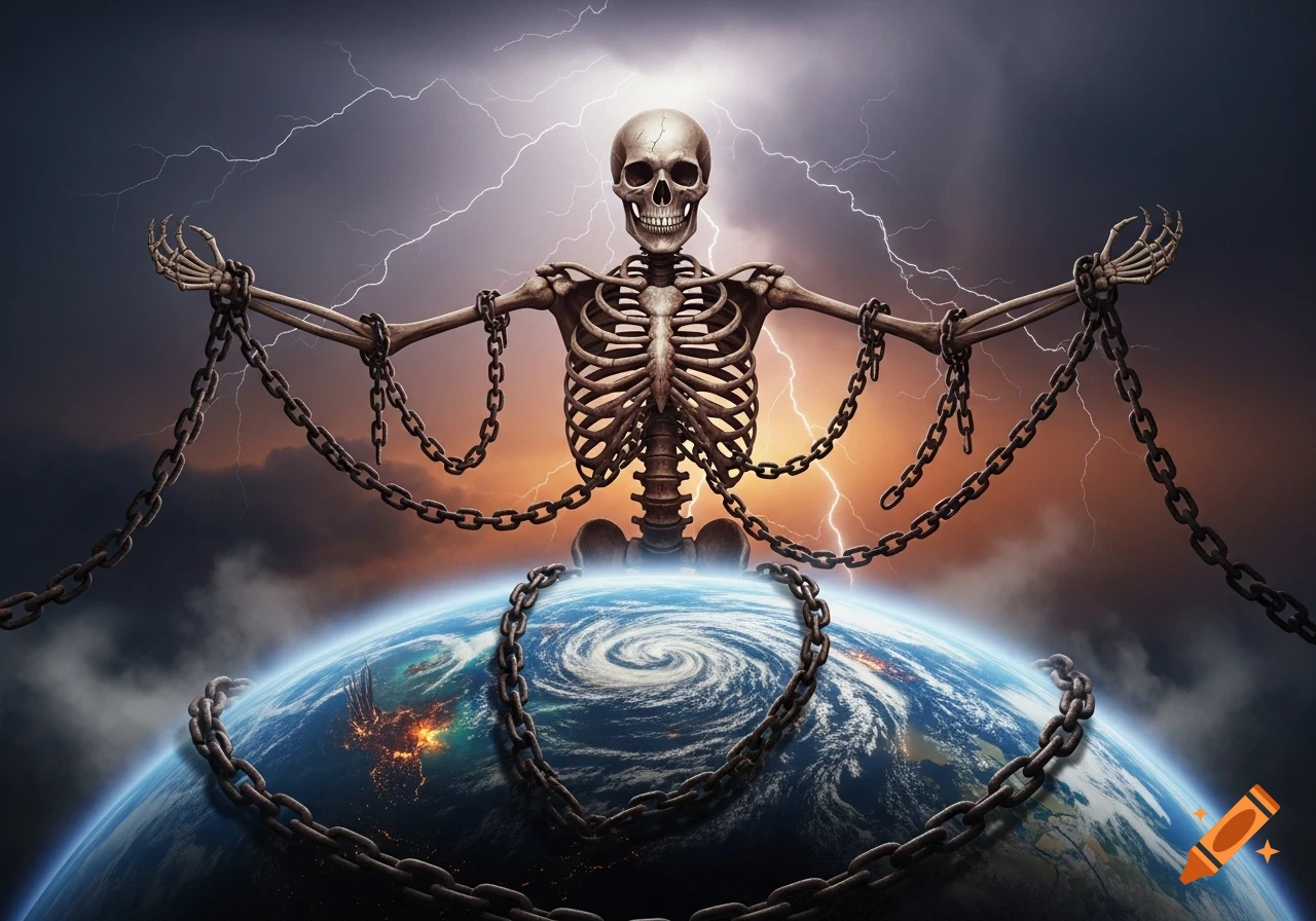 A skeletal figure with outstretched arms, bound by chains that wrap around the Earth, under a dramatic lightning storm.