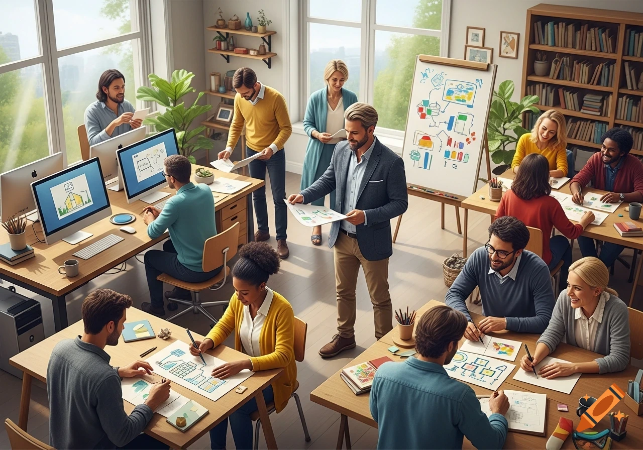 Diverse group of people collaborating in a brightly lit modern office, working on computers, drawing diagrams, and presenting ideas on a whiteboard.