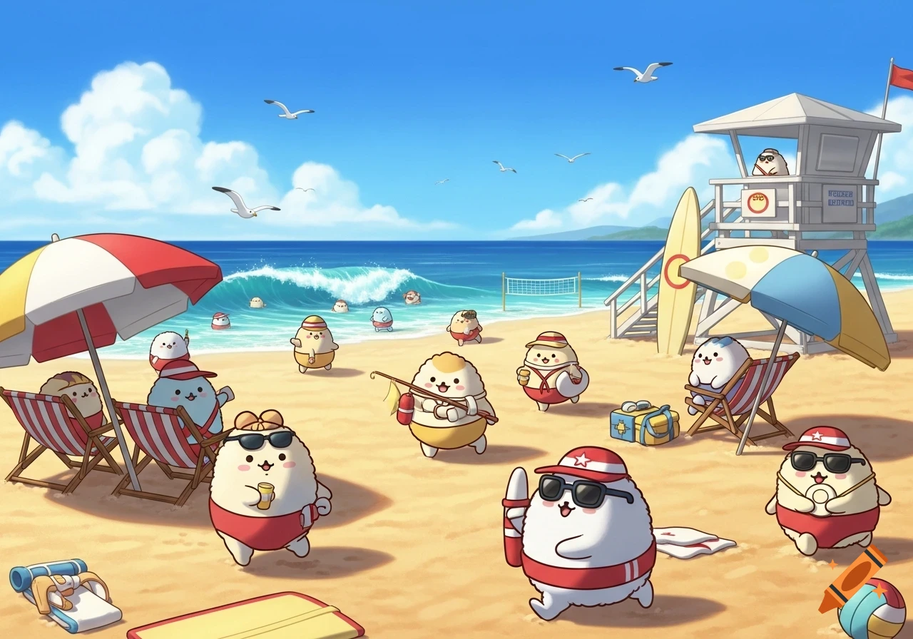 A vibrant cartoon beach scene with many cute, fluffy white creatures resembling Usagyuuuns enjoying activities like swimming, relaxing under umbrellas, and acting as a lifeguard.