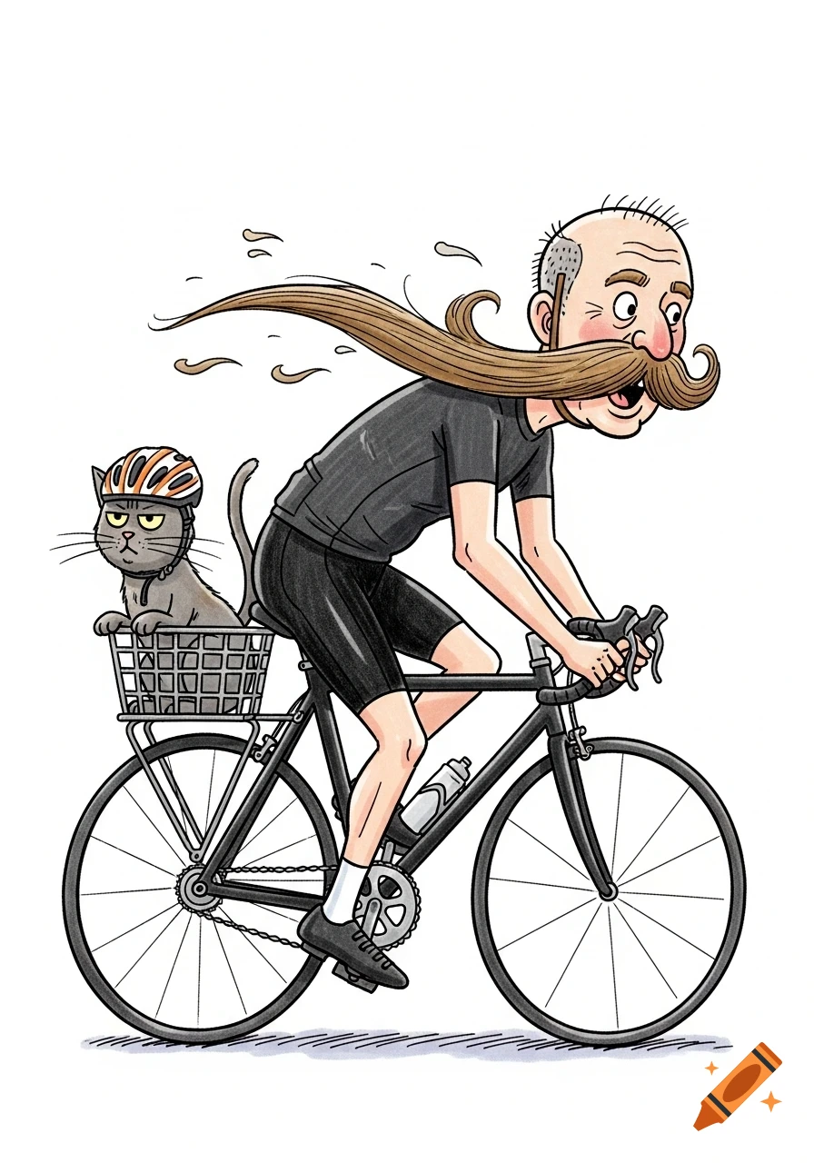 Comic illustration of a bald man with a long mustache cycling a black bike, with an unimpressed cat in a helmet in the front basket.