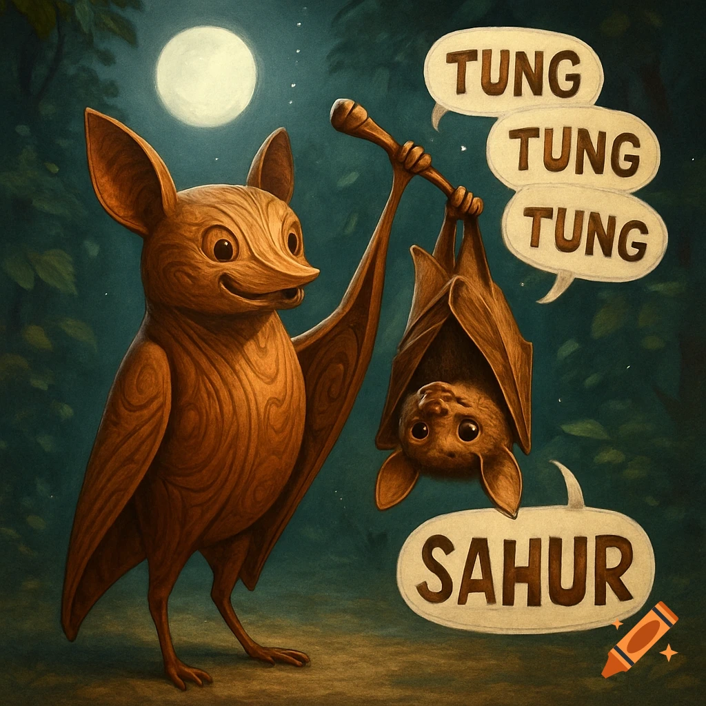 A stylized wood-carved bat holds a smaller bat upside down under a full moon in a dark forest, with text bubbles saying 'TUNG TUNG TUNG' and 'SAHUR'.
