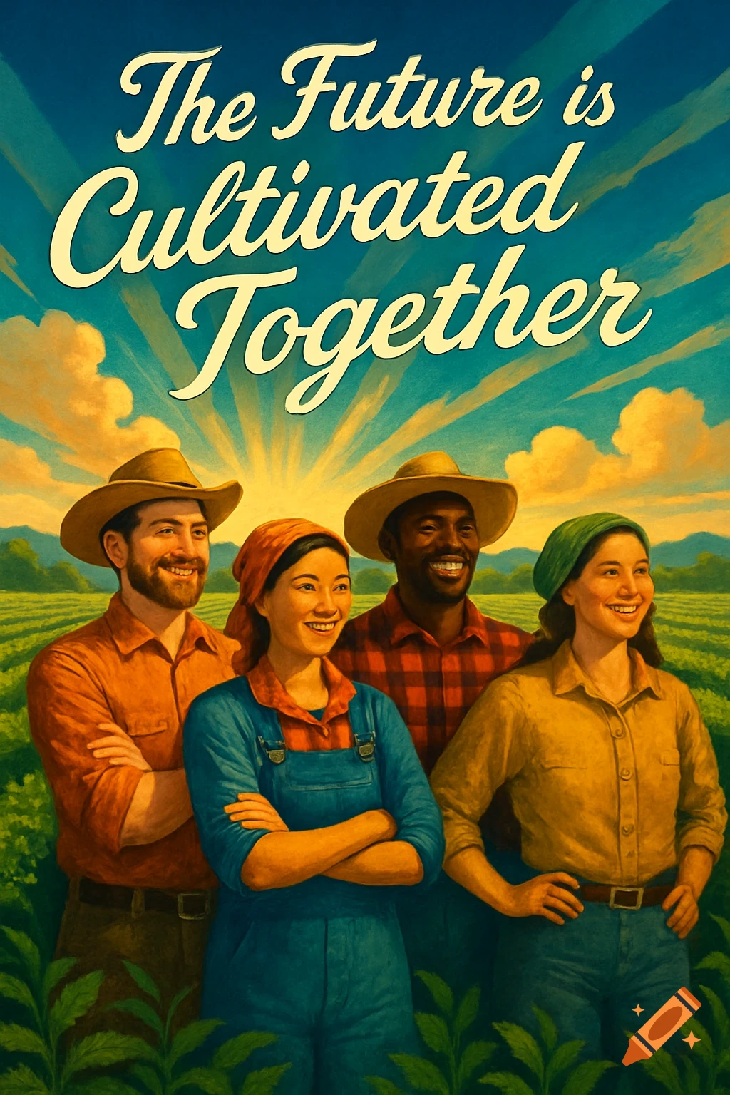 An illustration of four diverse farmers smiling in a field under a sunny sky, with text 'The Future is Cultivated Together'.