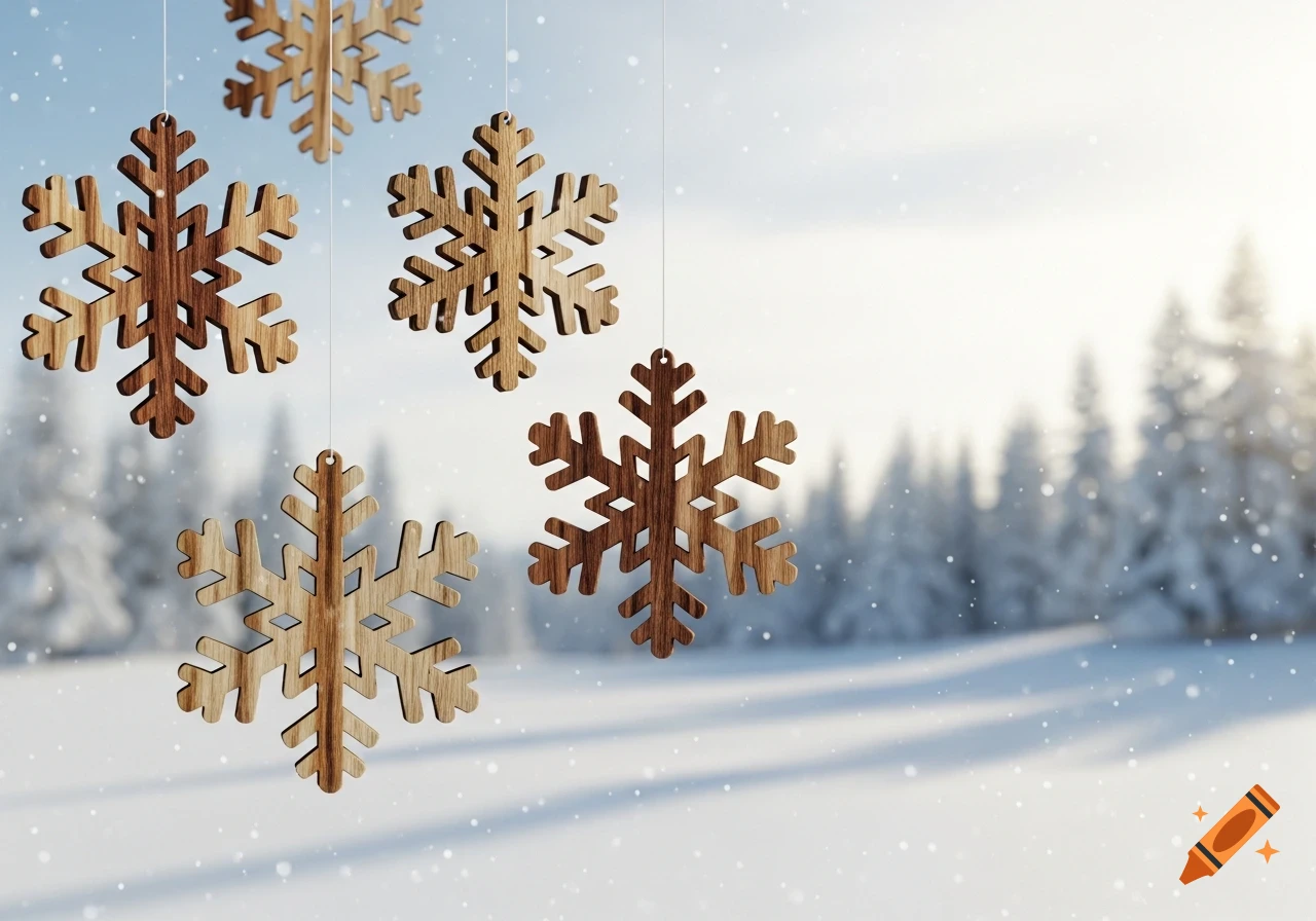 Wooden snowflake ornaments hanging against a blurred winter forest background with falling snow.