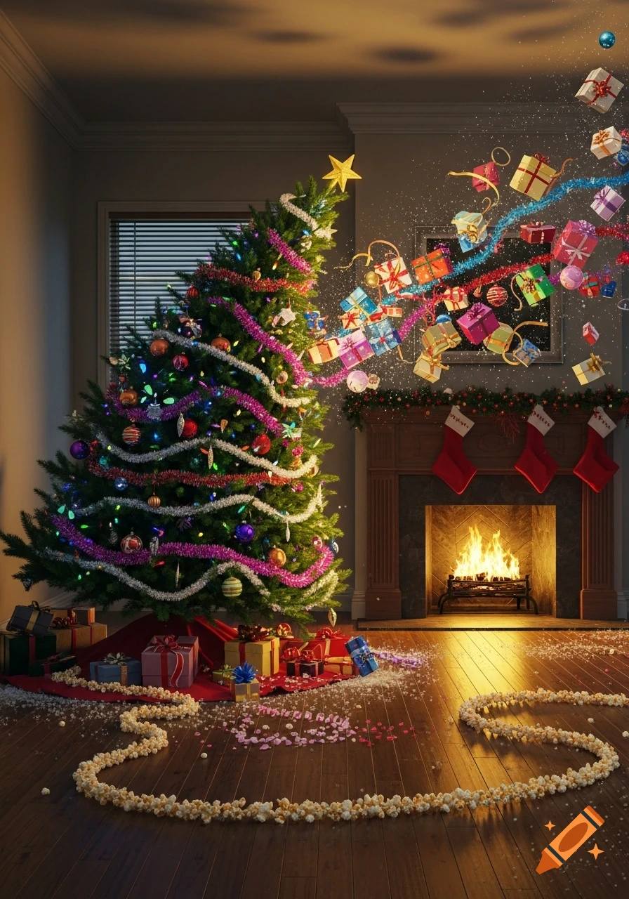 A festive Christmas tree erupts with gifts and glitter into a cozy living room, featuring a fireplace, stockings, and a popcorn trail on the floor, photorealistic.