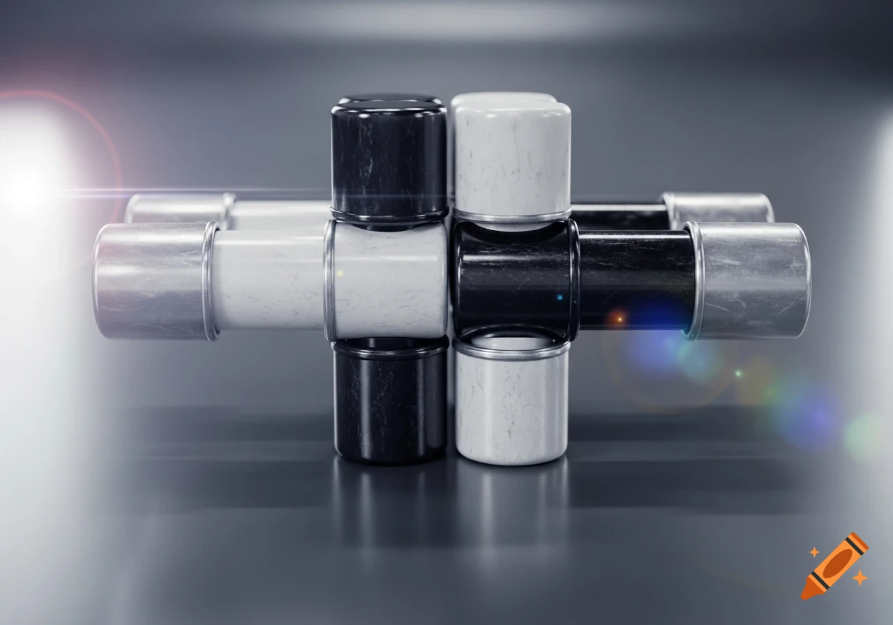An abstract arrangement of interlocked black and white cylindrical components with metallic caps on a reflective gray surface, highlighted by bright lens flares.