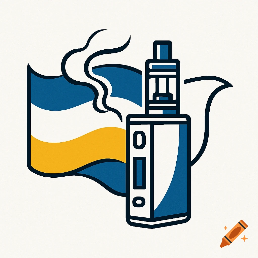 Illustration of a white and blue vape device in front of a waving blue, white, and yellow flag.