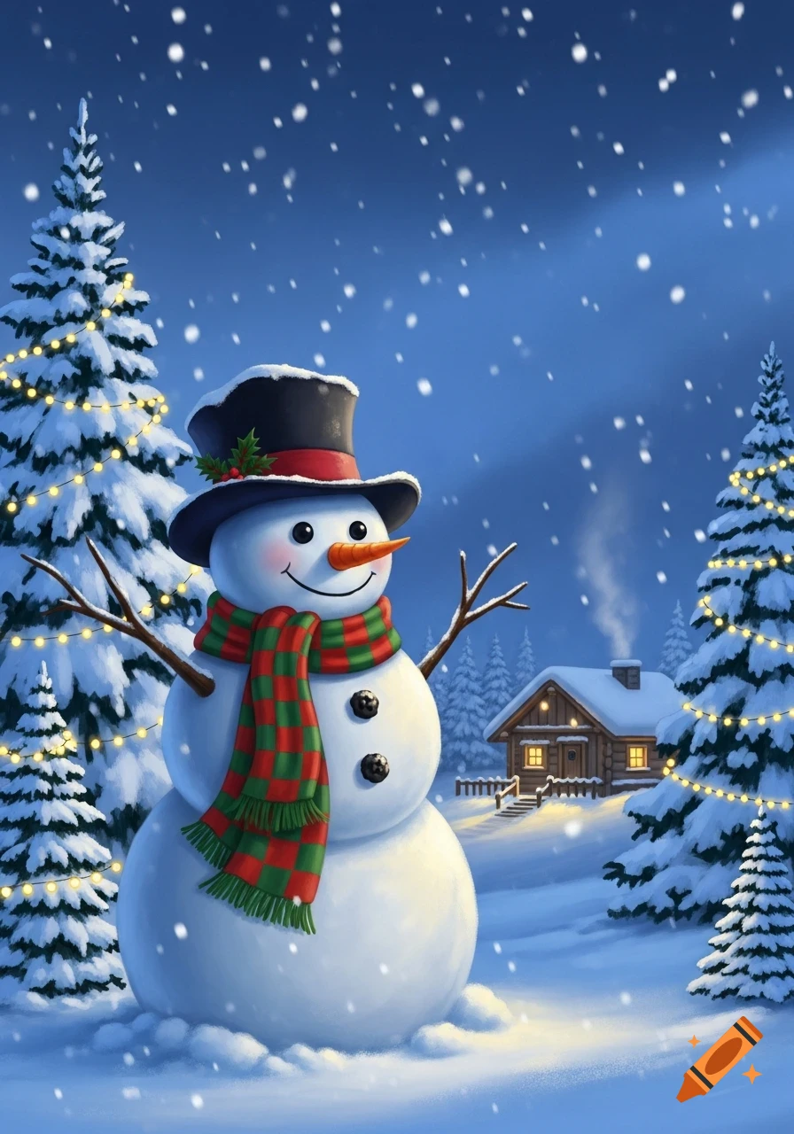 A friendly snowman with a top hat and red and green scarf stands in a snowy landscape with decorated Christmas trees and a cozy cabin under falling snow.