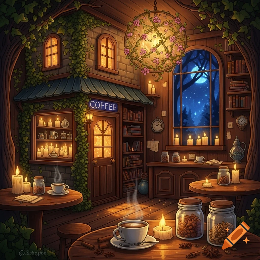 A cozy, magical coffee shop interior at night, with glowing candles, steaming coffee cups, and books, viewed through a large window.