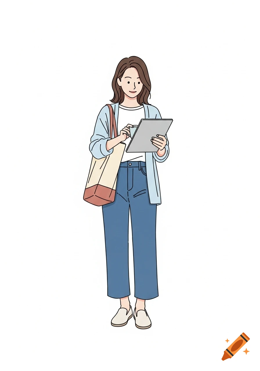 Minimalist illustration of a woman in casual clothes holding a tablet and a tote bag.