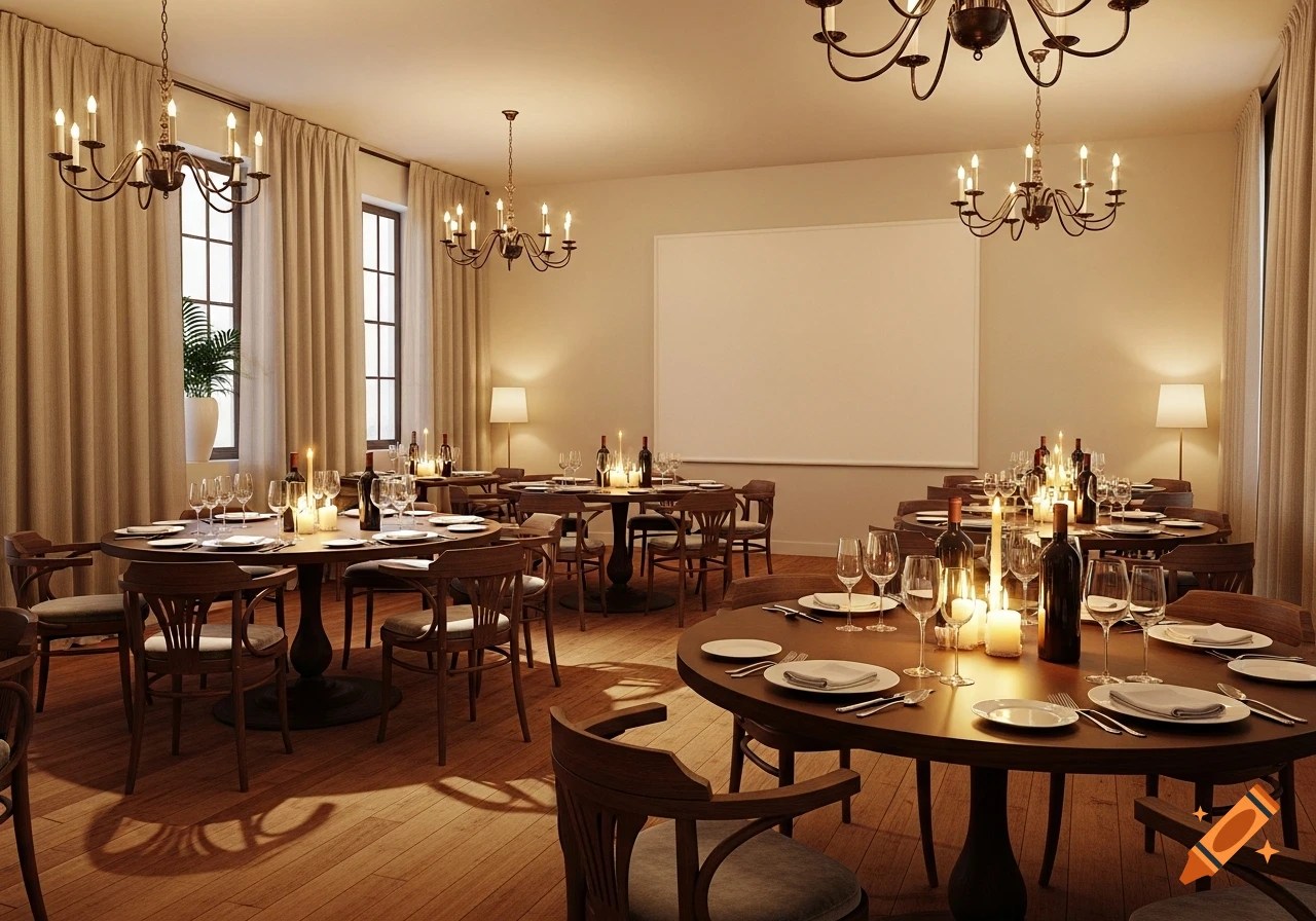 A well-lit restaurant dining room with multiple round tables set with plates, wine, glasses, and candles, under chandeliers.