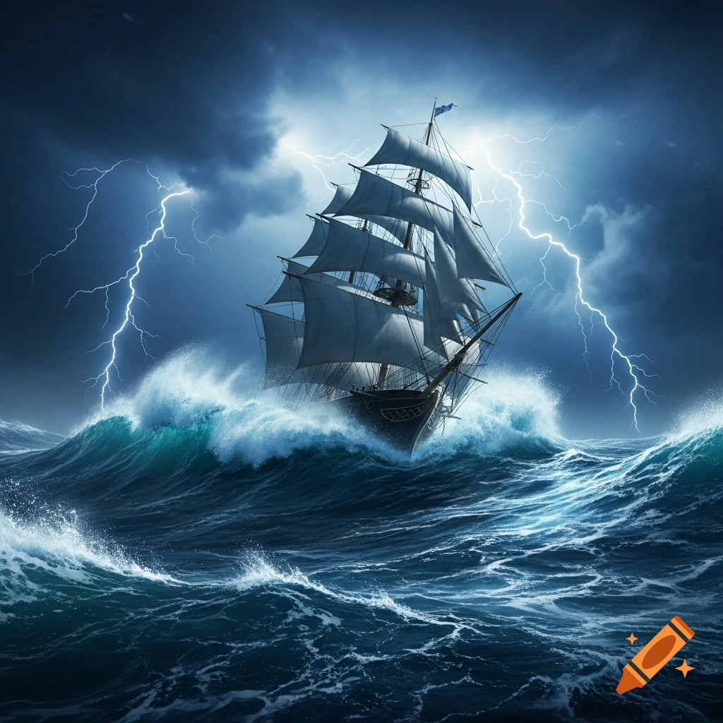 A grand sailing ship battles massive waves under a dark, lightning-streaked stormy sky.