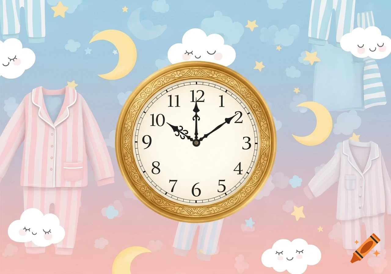 Illustration of a clock, pajamas, smiling clouds, moons, and stars on a pastel bedtime background.