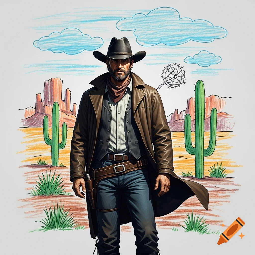 A photorealistic cowboy stands in a desert with a stylized crayon drawing background of cacti, mountains, and clouds.