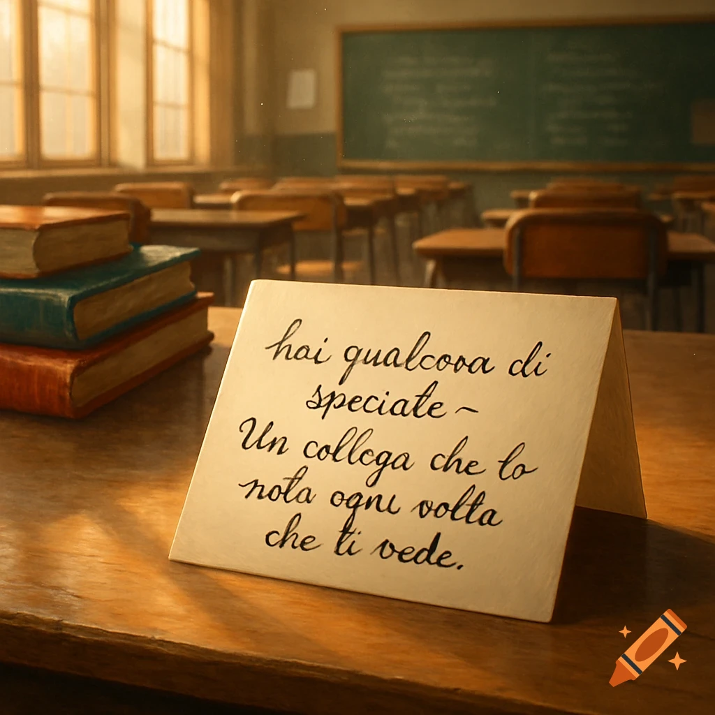 A close-up of a note on a wooden desk in a classroom, with the text "hai qualcosa di speciale ~ Un collega che lo nota ogni volta che ti vede"