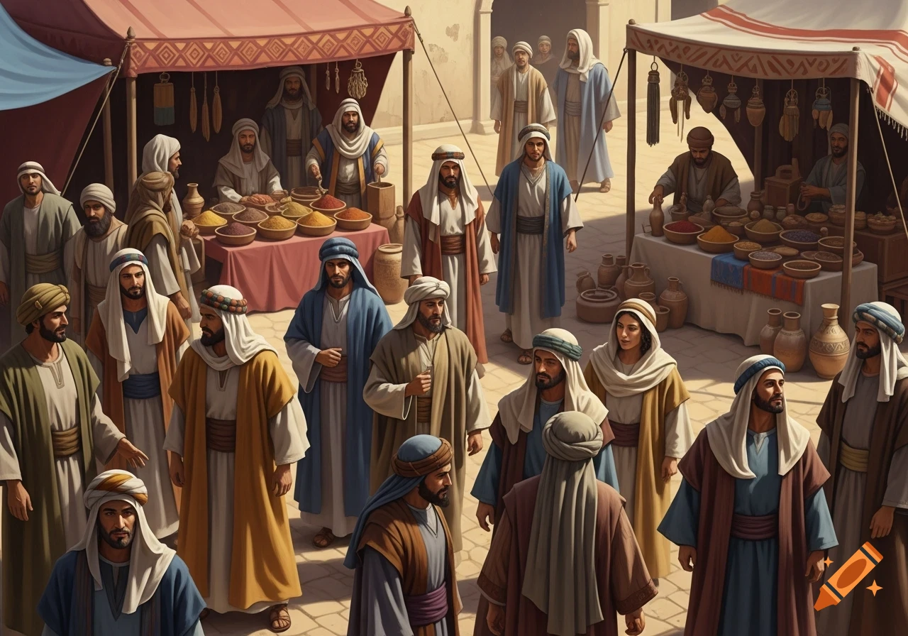 A bustling ancient Middle Eastern marketplace scene, with many robed figures, some interacting at stalls piled with spices and pottery.