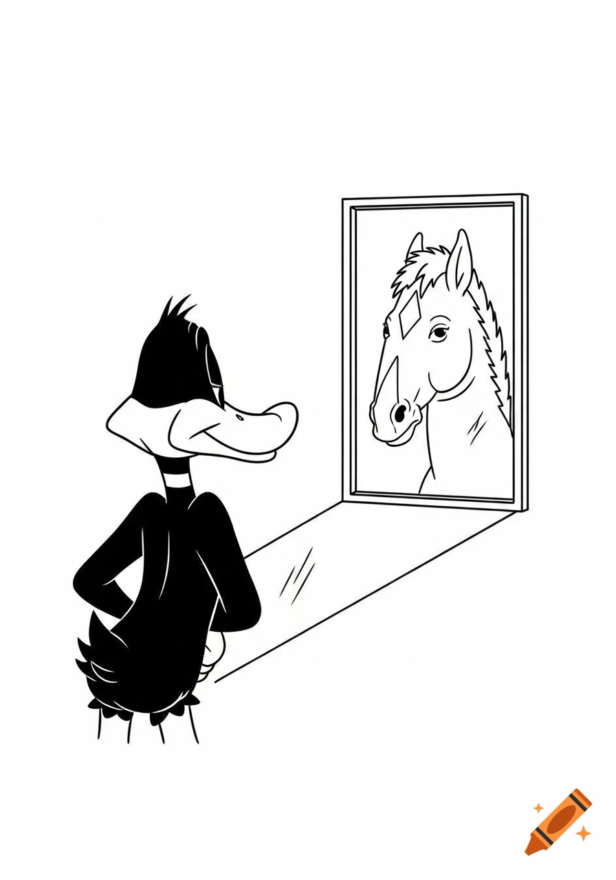 Black and white cartoon of Daffy Duck looking in a mirror that reflects ...