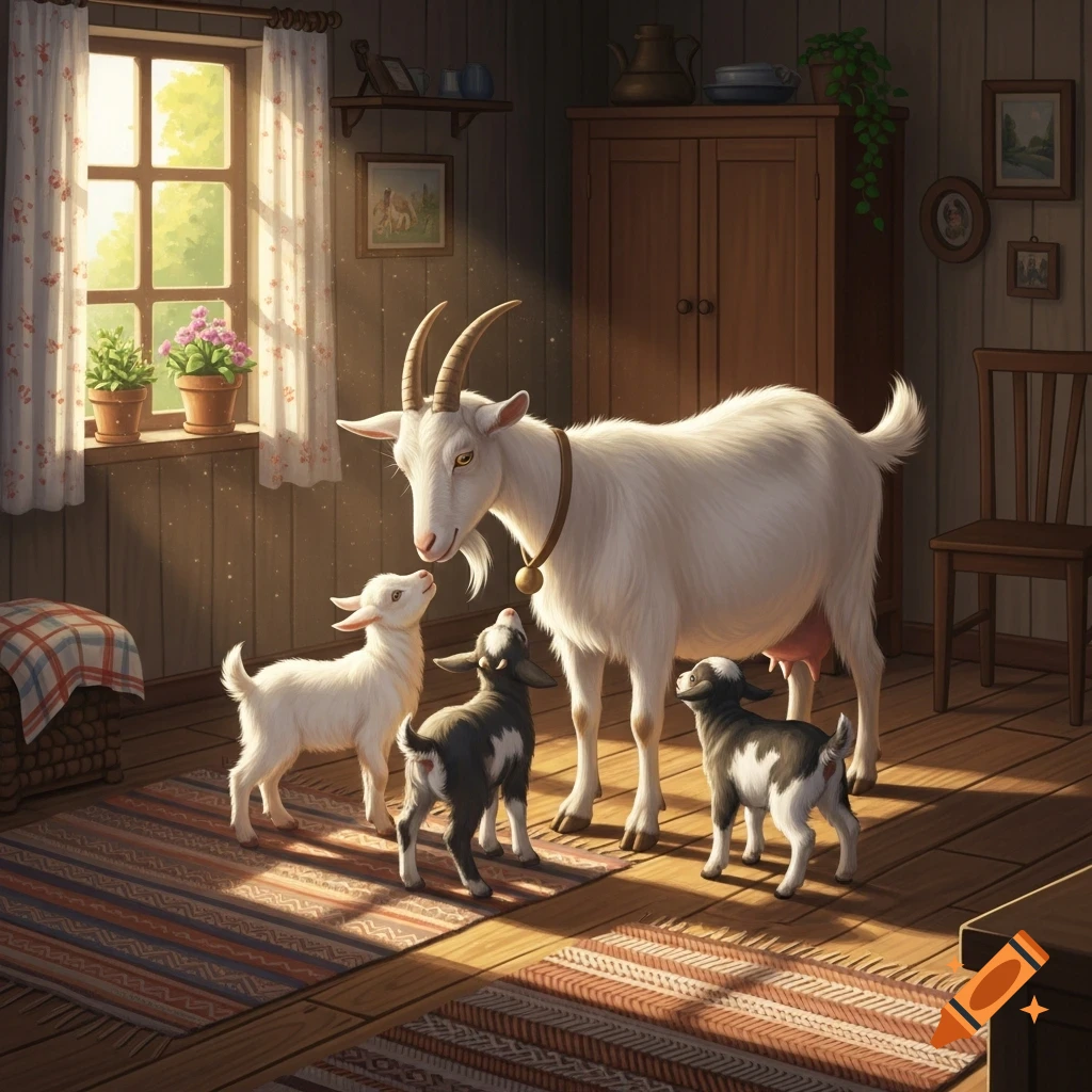 A white mother goat with a bell collar looks at her three small kids in a sunlit wooden cottage room with a colorful rug and potted plants.