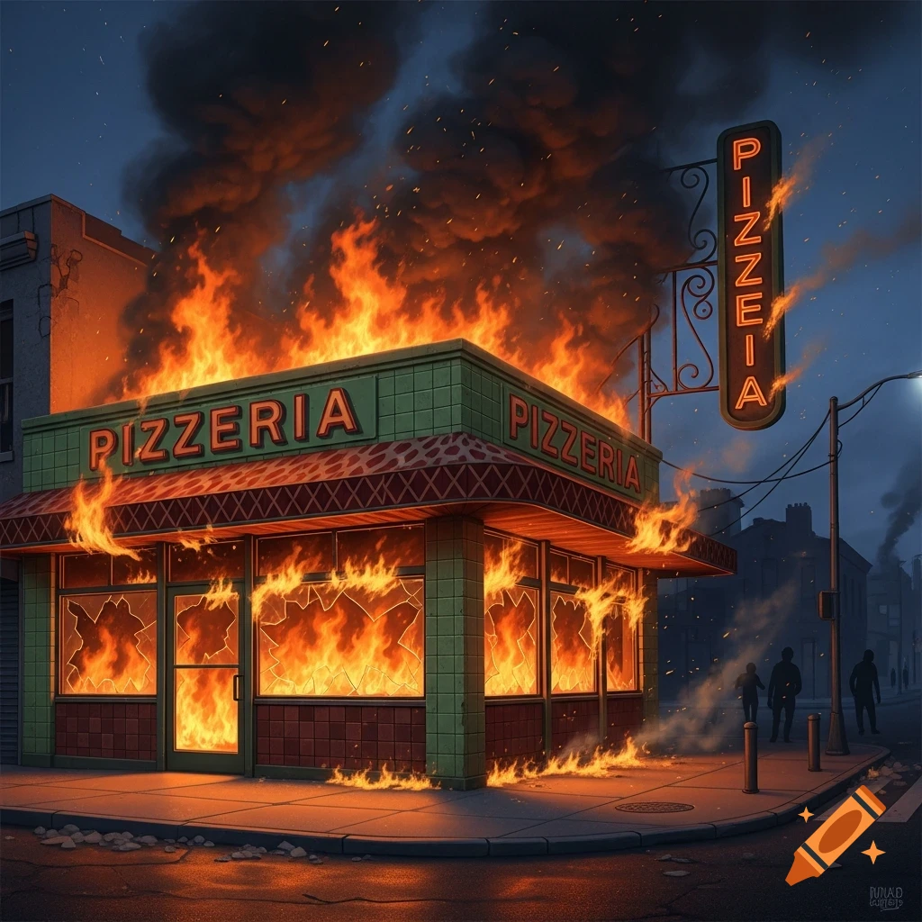 A pizzeria building is engulfed in roaring flames and thick smoke at night, with broken windows and fire spilling onto the street.