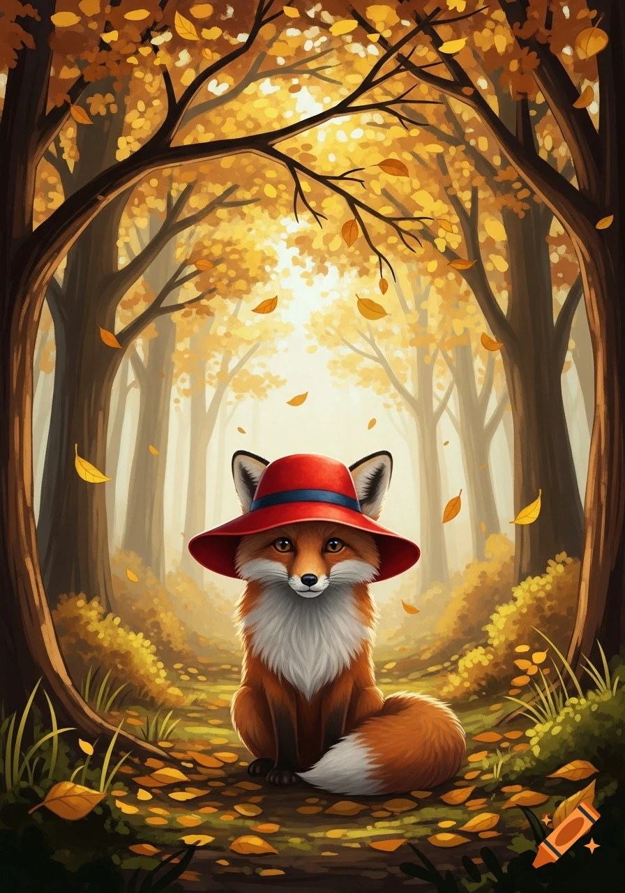 A cute cartoon fox wearing a red hat sits on a path in a vibrant autumn forest with falling yellow leaves.