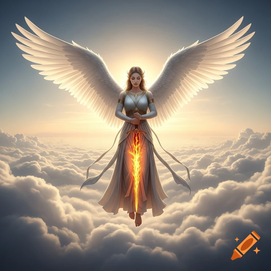 Majestic photorealistic angel with large white wings and flowing gown, holding a flaming sword, hovers above clouds in golden light.