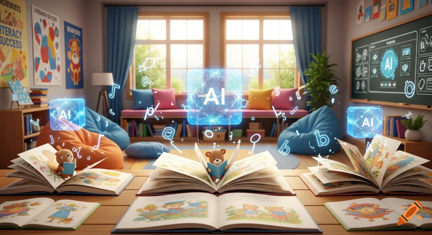 A colorful classroom with open children's books, small teddy bears reading, glowing AI cubes, and floating letters.