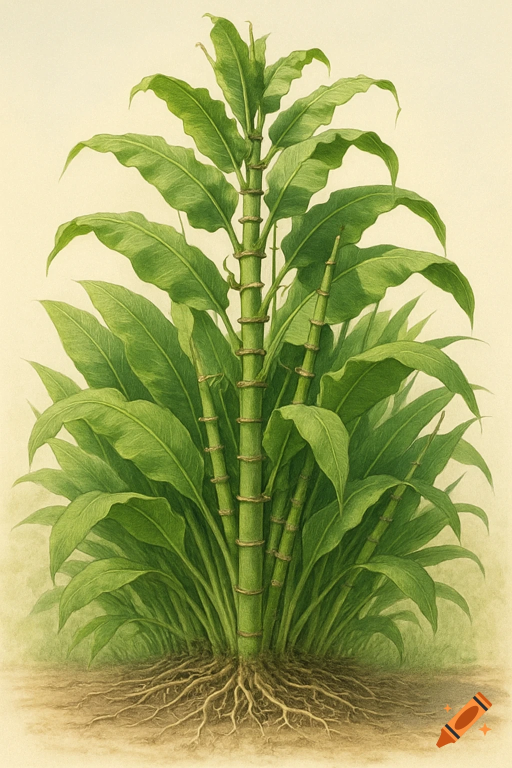 A detailed botanical illustration of a green plant with segmented stems, broad leaves, and a visible fibrous root system.