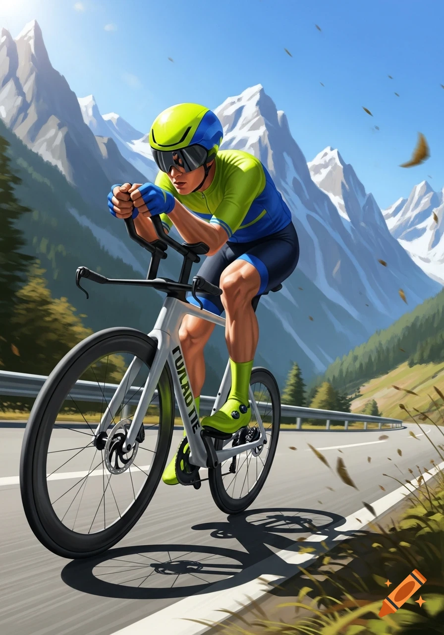 An illustrated male cyclist in a green and blue suit rides a white road bike on a mountain road with snow-capped peaks.