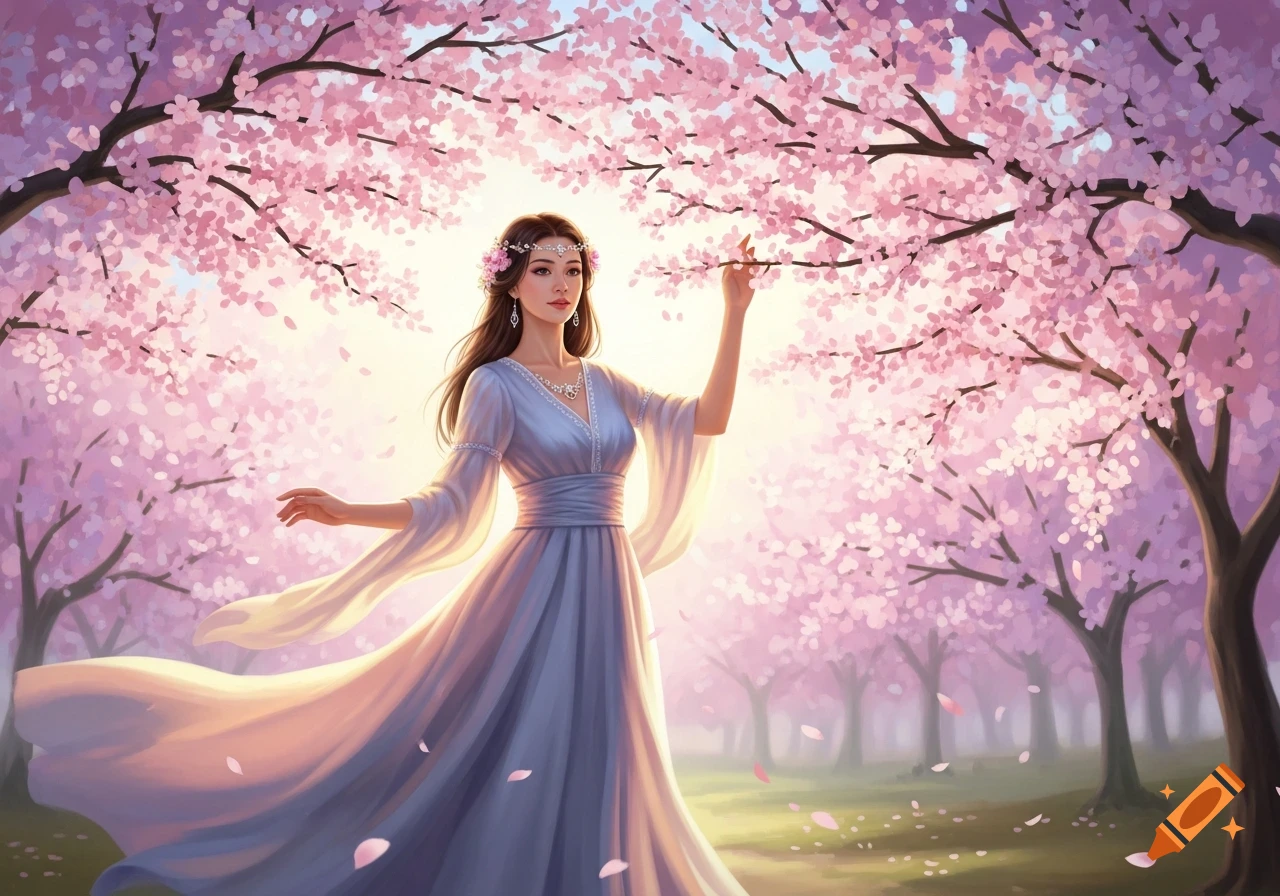 A beautiful woman in a flowing blue dress stands among pink cherry ...