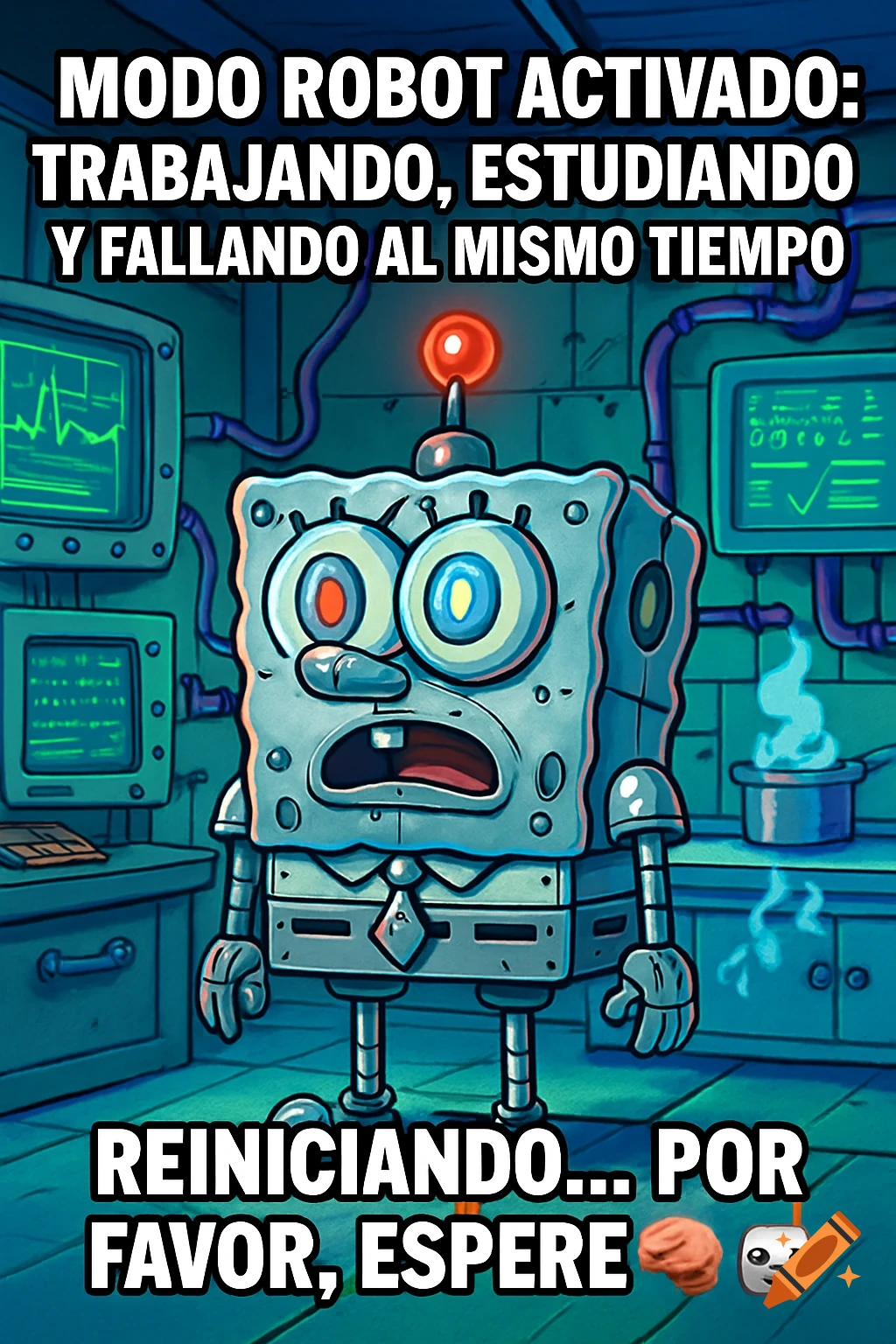 A robot version of Spongebob Squarepants in a futuristic lab/kitchen, with meme text in Spanish: "Robot mode activated: working, studying, and failing at the same time. Restarting... please wait."