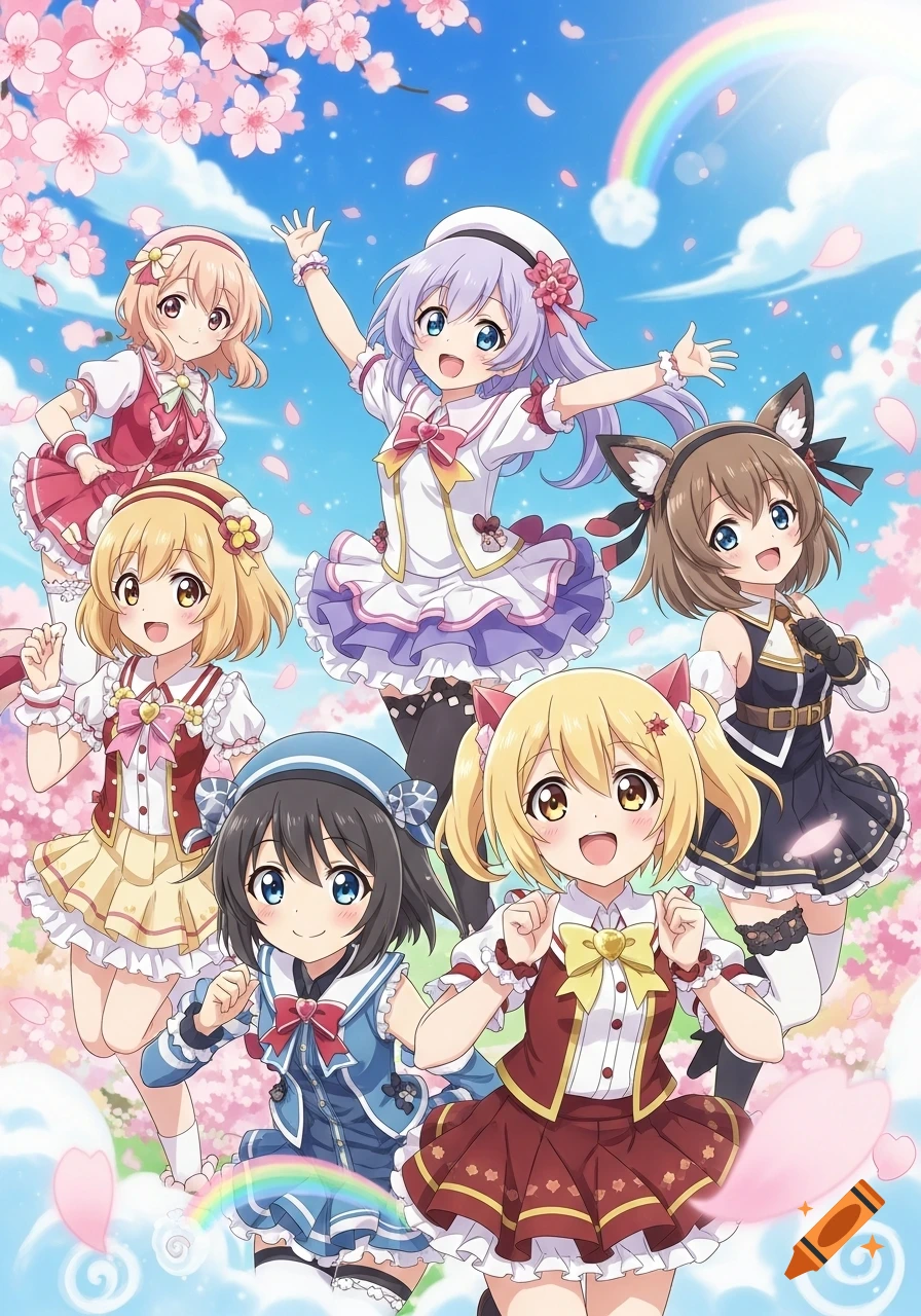 Six happy anime girls in colorful outfits pose under pink cherry blossom trees with a rainbow in a bright, cute style.