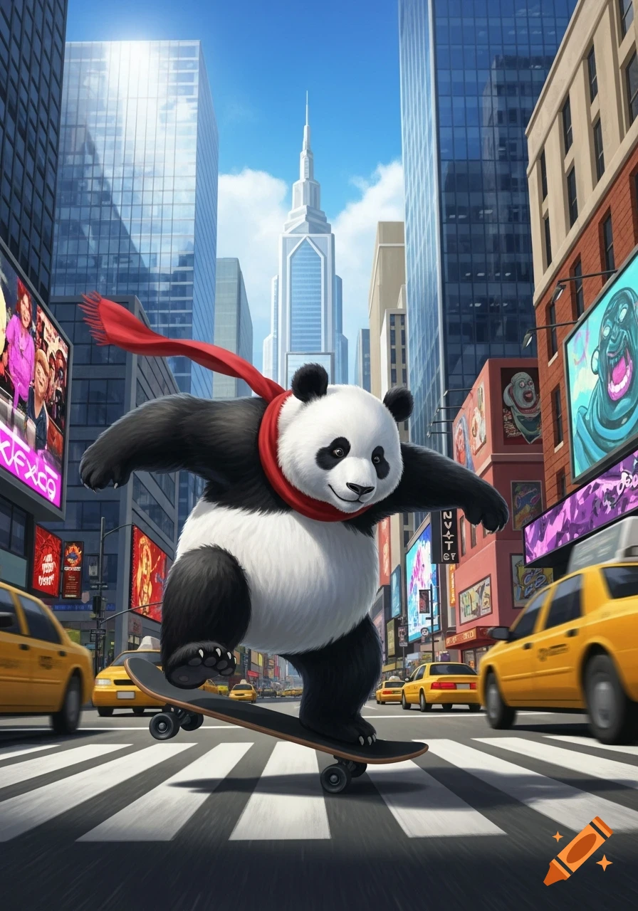 A stylized panda wearing a red scarf skateboards across a crosswalk in a bustling city with tall skyscrapers and yellow taxis.