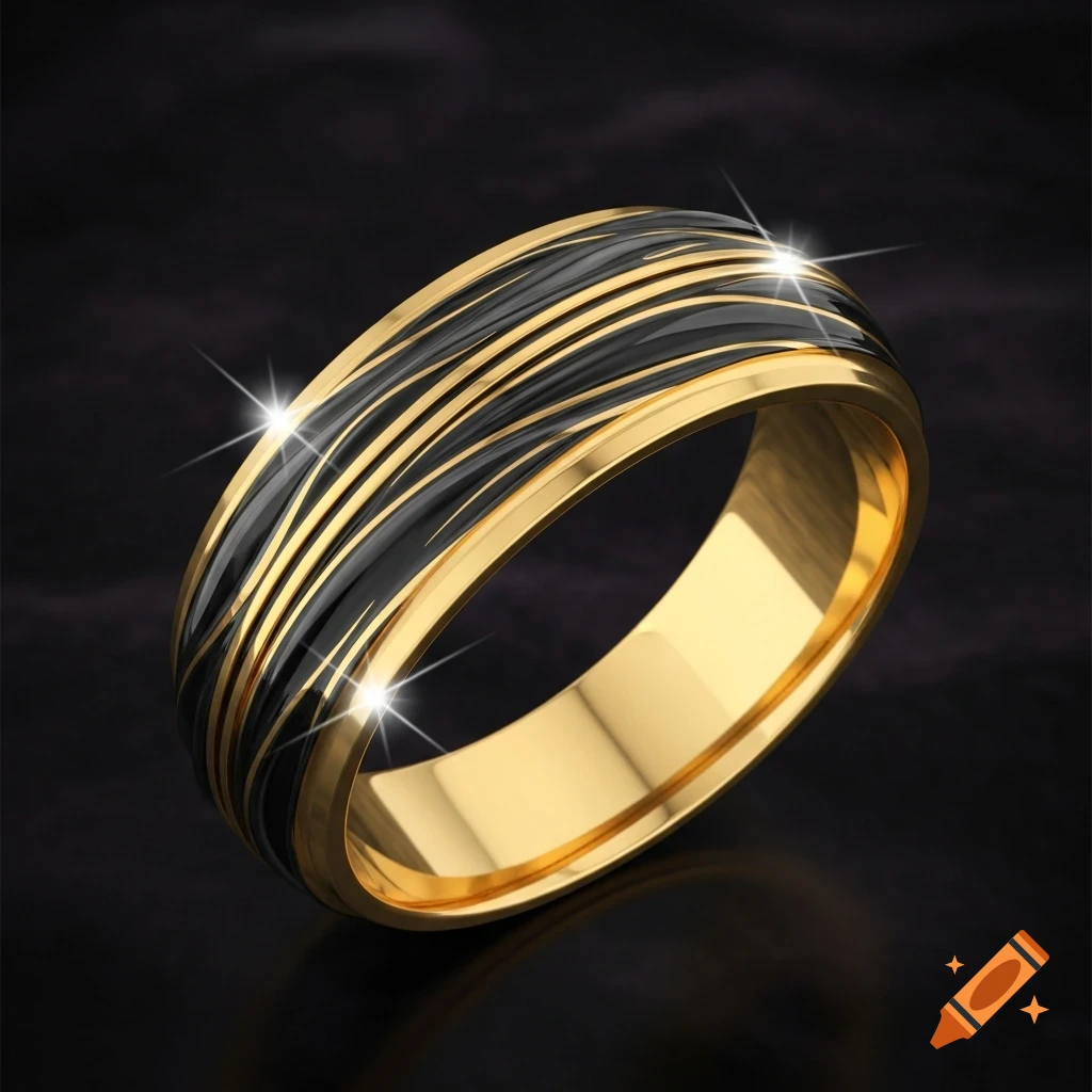 A gold men's wedding ring with a black and gold swirl design on a dark background.