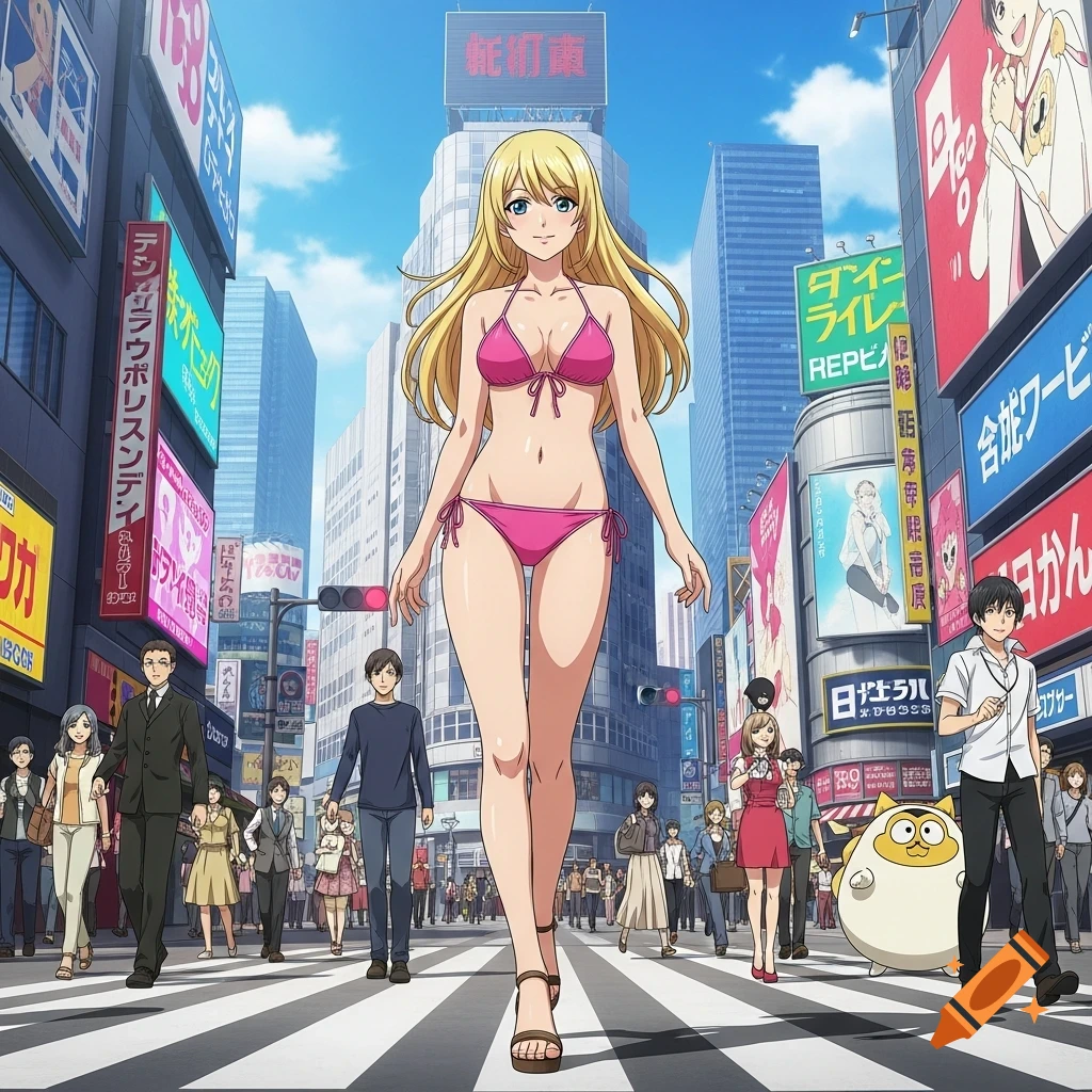 A large blonde anime woman in a pink bikini walks on a crosswalk in a busy city street, surrounded by smaller anime people and buildings with signs.
