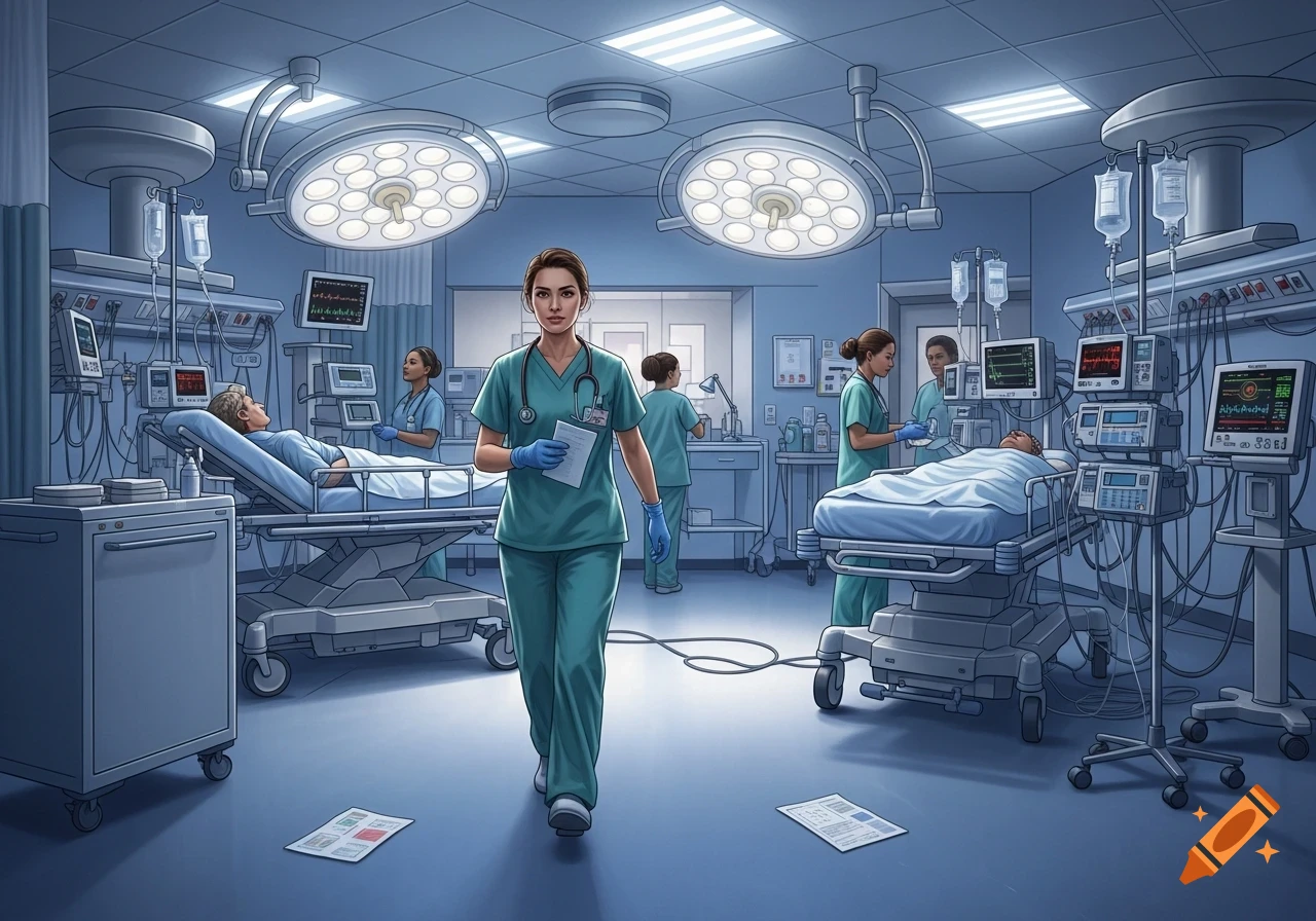 A female nurse walks through a hospital emergency room, holding a clipboard, as other nurses tend to patients in beds with medical equipment. Illustrated.