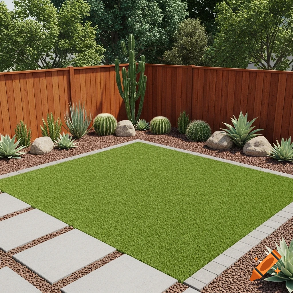 A clean, low-maintenance backyard with artificial grass, stone pavers, desert plants, and a wooden fence.