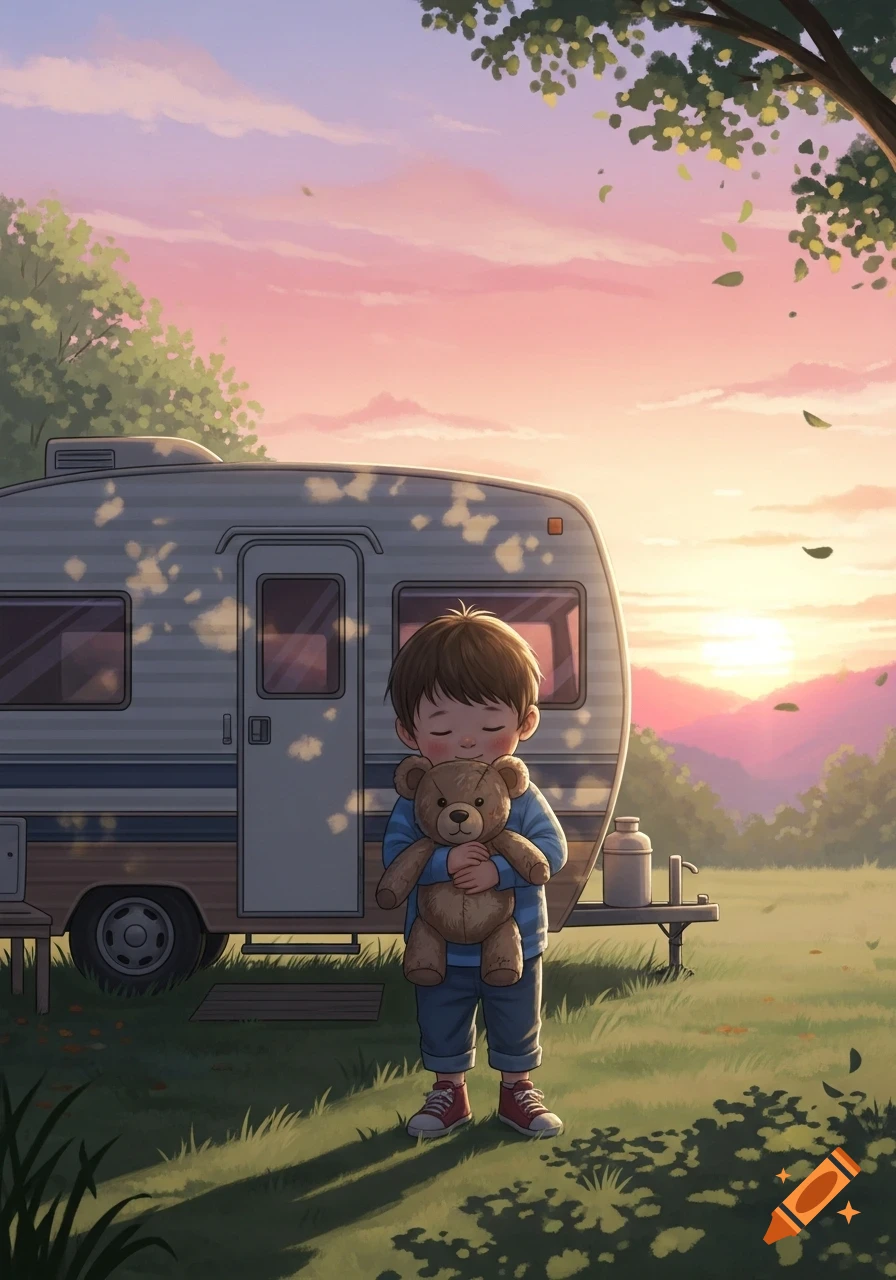 A small boy holding a teddy bear stands in front of a camper at sunset, in an illustrative style.
