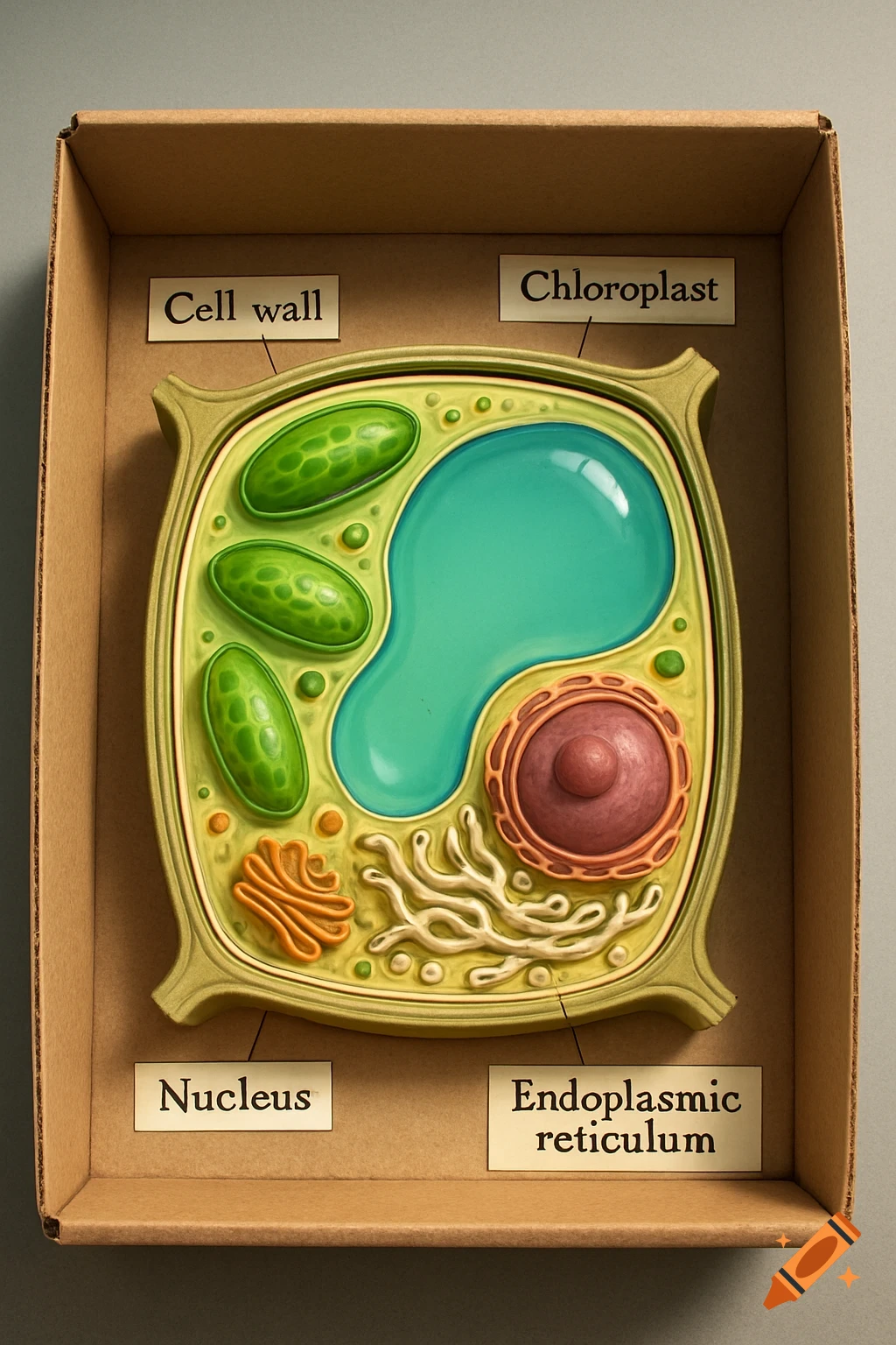 A detailed 3D model of a plant cell inside a cardboard box, with labels for cell wall, chloroplast, nucleus, and endoplasmic reticulum.
