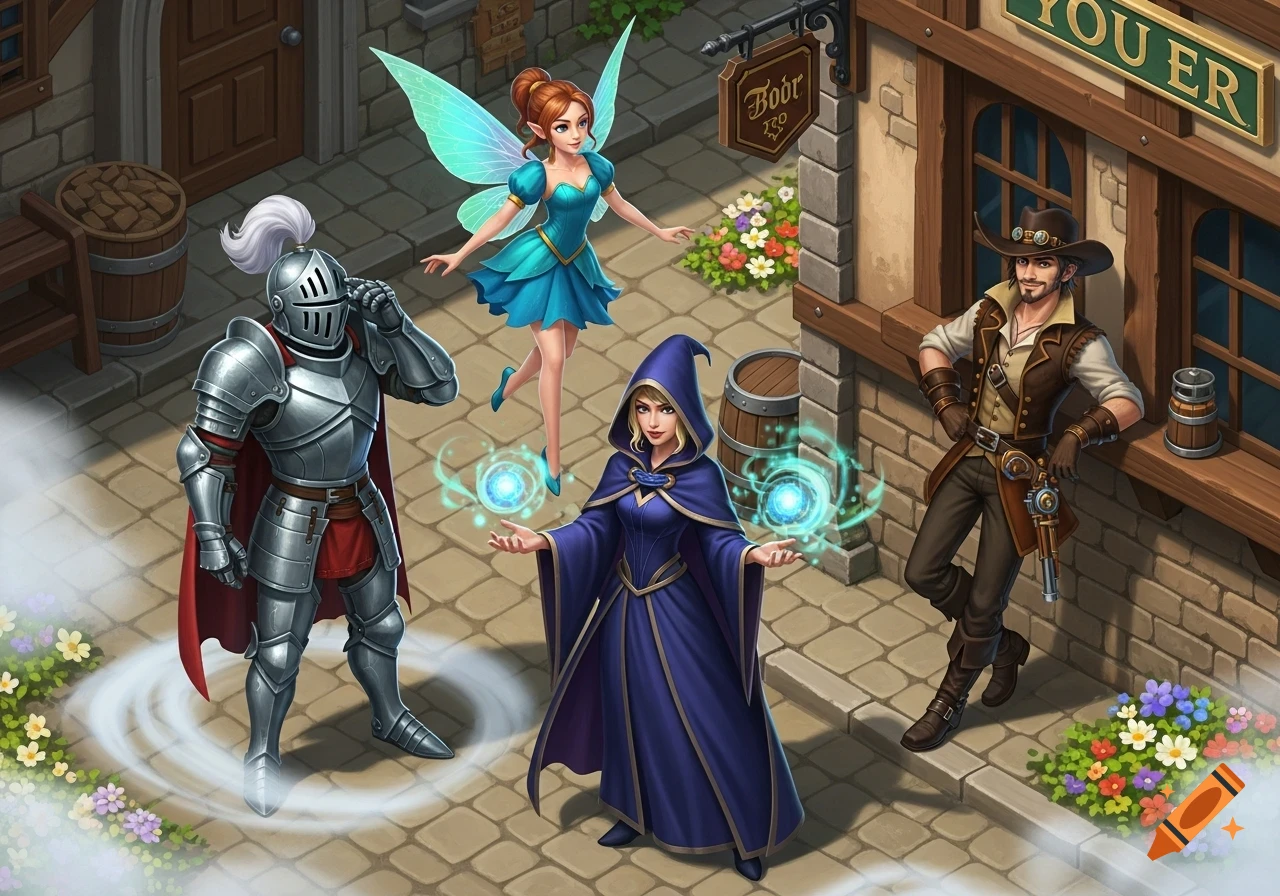 Isometric fantasy scene featuring a knight, a fairy, a wizard casting spells, and a cowboy-like character, all standing on a cobblestone street near buildings.