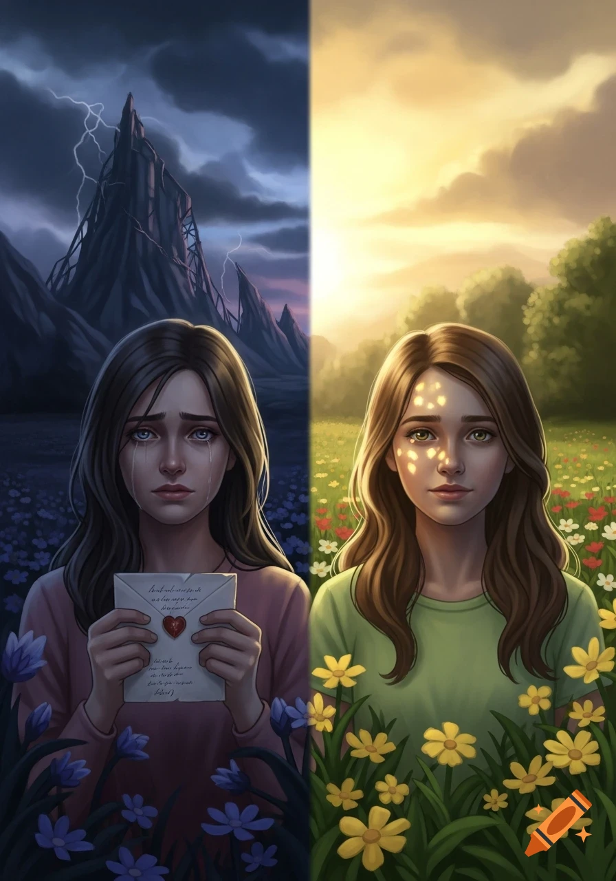 A split image shows two young women. On the left, a crying woman holds a letter in a stormy landscape; on the right, a calm woman stands in a sunny field of flowers.