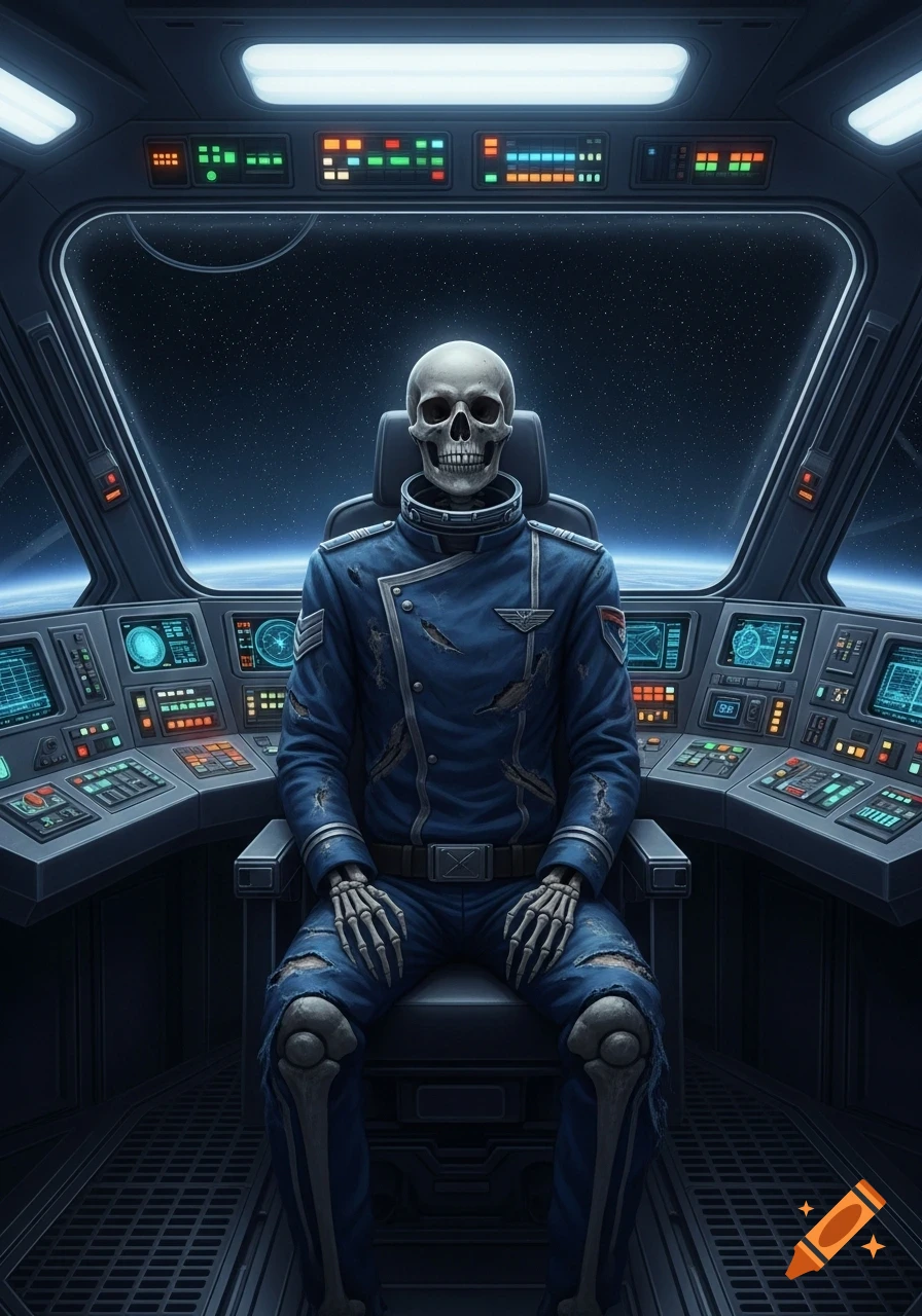 A skeleton in a tattered blue military pilot uniform sits in the cockpit of a spaceship, looking out at a starry space and planet.